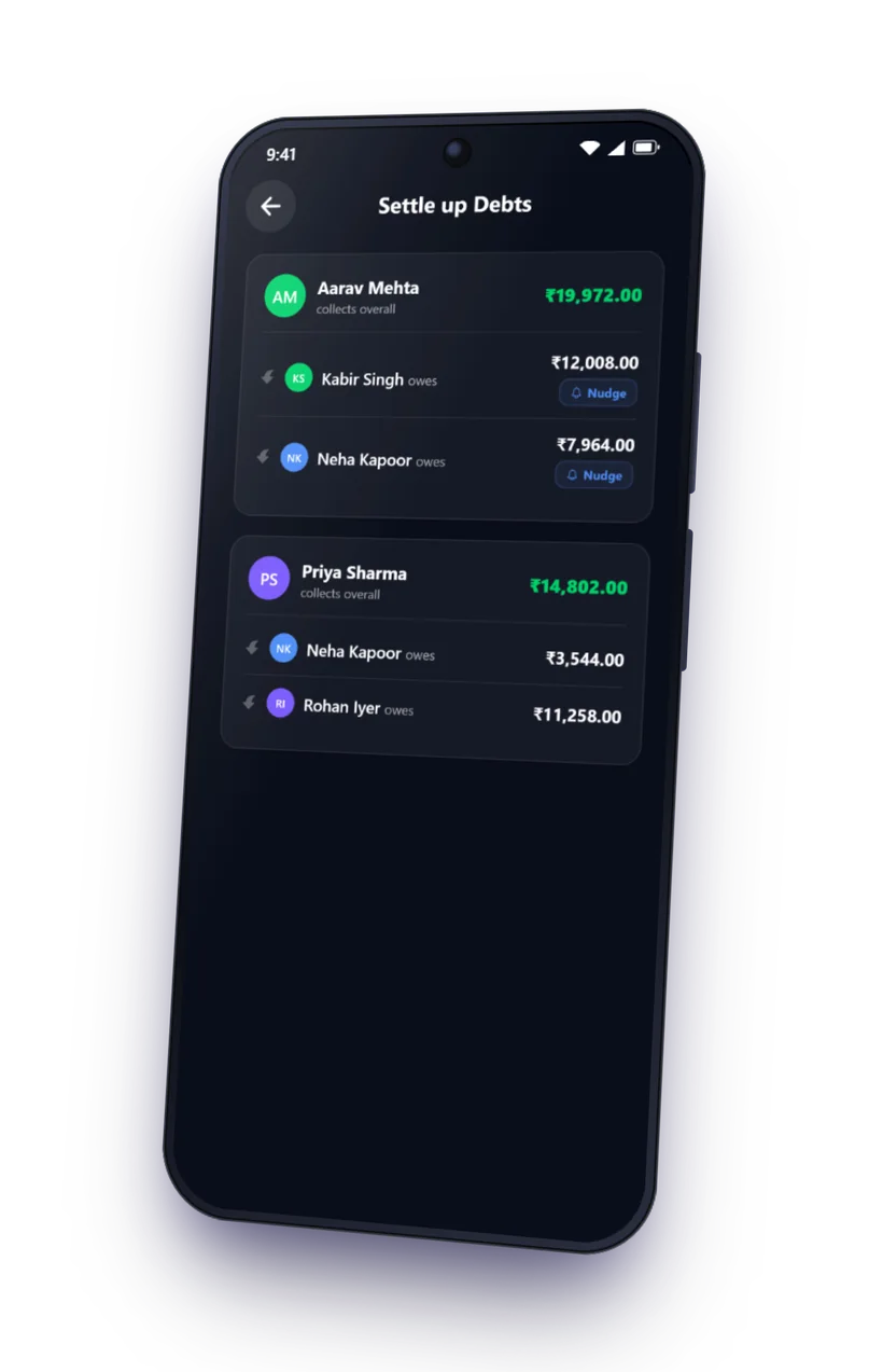 Settle up screen showing who collects and who owes, with nudge buttons